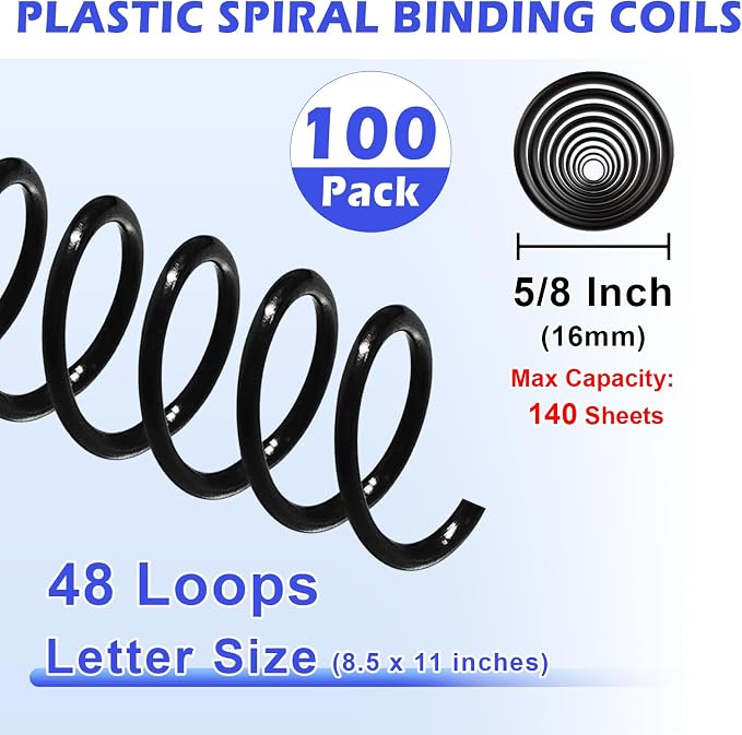 TOTiyea 100 Pack Plastic Spiral Binding Coils,16mm(5/8") Binding Spirals,140 Sheet Capacity,4:1 Pitch, Black | Spiral binding coils,Black,can be used with letter size (8.5x11") or A4 size paper (8.3x11.7"),bound projects can lay flat