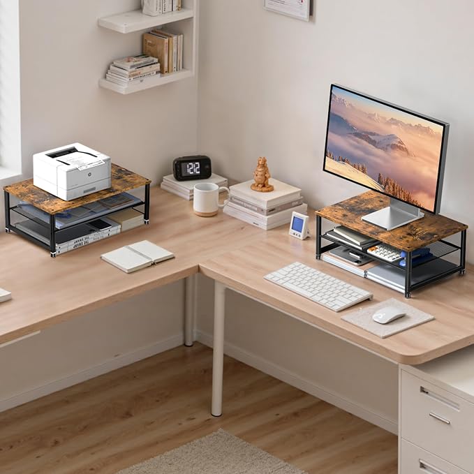 ECOLOVI 2-Tier Computer Monitor Stand Riser, Printer & Laptop Stand, Office Desk Accessories, Workspace Desk Organizer for Home Office Supplies, Brown