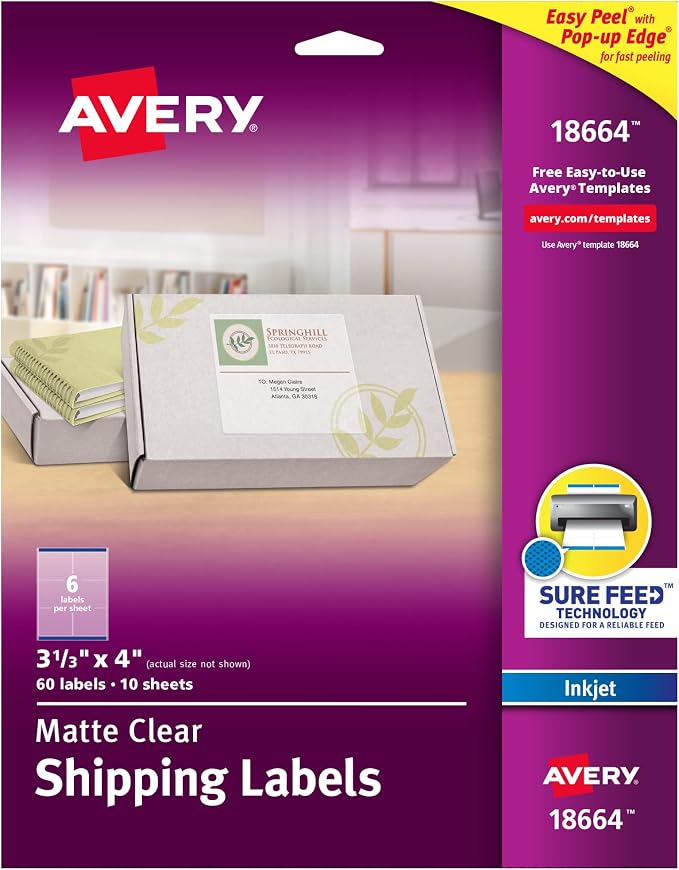 Avery® Matte Frosted Clear Address Labels for Inkjet Printers, 3-1/3" x 4", 60 Labels, 5 Packs (18664)