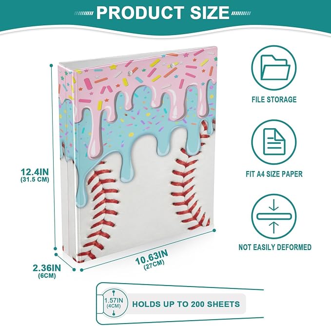Baseball Red White Stripe Pattern Round Ring Binders 1.5 Inch Softball Sports 3 Ring Clipboard Binder for Office School Work Supplies File Folder 200 Sheet Capacity 2 Pieces