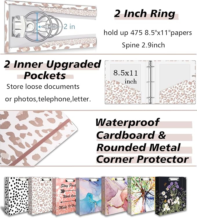3 Ring Binder 2 Inch for 8.5"x11" Paper, Three Ring Binders with Clipboard, 5 Dividers with Tabs and Pockets, Clear Folder, 18 Divider Stikers, BVSSX Decorative Binder with Pen Holder, Leopard