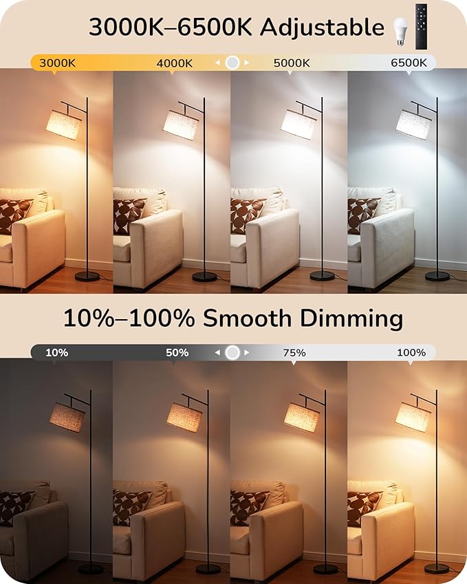 EDISHINE 64.7IN Floor Lamp for Living Room with Remote, Black Standing Lamp | Bulb Included, Dimmable & 5CCT, Foot Switch, Adjustable Lamphead, Minimalist for Bedroom, Living Room