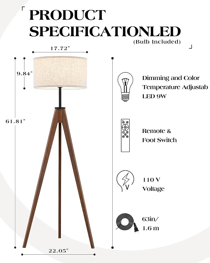 ELYONA Ash Wood Tripod Floor Lamp Stepless Dimmer & Color Temperature, Remote Control Mid Century Modern Coner Standing Lamp Linen Shade for Living Room Bedroom Office, LED Bulb Included, Walnut