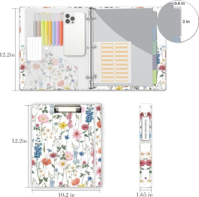 3 Ring Binder 1 Inch, Three Ring Binders Organizer with Clipboard, 5-Tabs Pockets Dividers, Plastic Folder, 18 Divider Stikers, BVSSX Cute Binder with Pen Loop (Blue Bloom, Letter Size)
