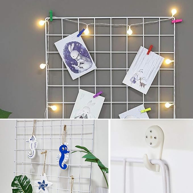 2 Pack Large Wall Grid Panels with Light and Clips, Photo Display Board, Picture Frame Collage Board, Wire Grid Wall Panel Room Decoration,White