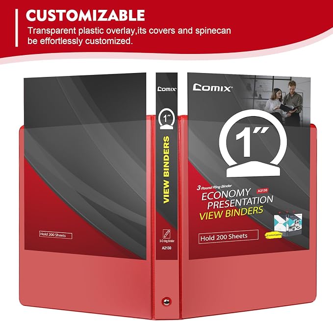 COMIX Sturdy 1 Inch 3 Ring Binder with Clear View Cover | 1"Heavy Duty Round Ring,PVC-Free Board,Holds 200 Letter Sheets,Wholesale for Offices & Classrooms,6 Pack (Red)