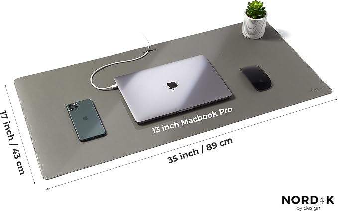 Nordik Leather Desk Mat - Alaskan Gray - Large Leather Desk Pad (35x17 in) | Premium Vegan Leather Desk Pad with Cable Organizer, Giftable, Extended Waterproof Mouse Mat, Non-Slip Desk Pad Protector
