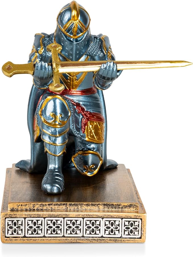 Medieval Knight Pen Holder with Sword, Kneeling King's Guard Warrior Pencil Stand Office Accessories Cool Fancy Desk Decor Gift for Men Dad Husband Boss Boyfriend Him- Leader Cloak Style