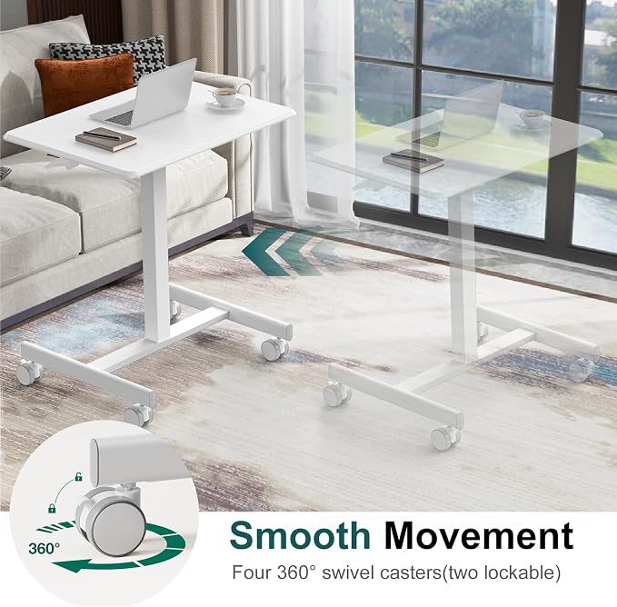 DUMOS Small Standing Desk with Wheels, Laptop Desk, 19 Inch | Portable Rolling Design, Adjustable Height Workstation, Home Office Mobile Station, White