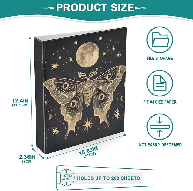 3 Ring Binder 1.5 in Recipe Binders 1 Pcs Moth Moon | Decorative Client Records with Clip 3 Clear Interior Pockets for 200 Sheets Letter-Size(11" x 8.5") Paper PVC Cover Folder