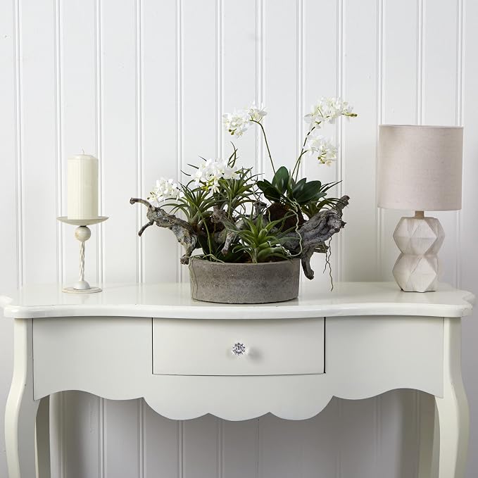 Nearly Natural 20 in Artificial Orchid Succulent Floral Garden Room Decor | Striking Combination of Orchids and Succulents, Interesting Driftwood-Like Creation, Decorative Vase, Home and Office Accent