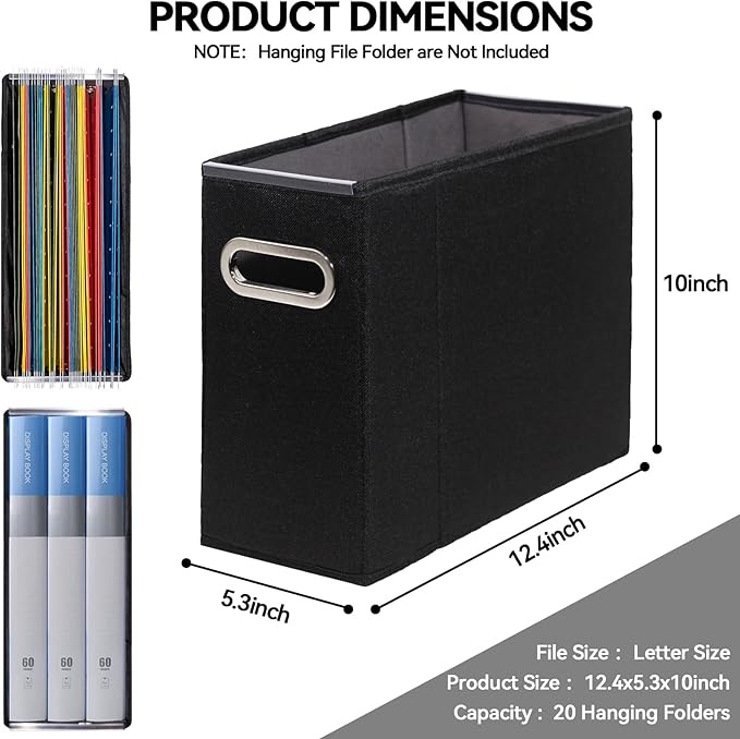 ComfortKeeper 4 Packs Letter Size File Organizer, File Folders Organizer, Fabric Storage Box, Collapsible Paper Organizer with Metal Handle, Smooth PVC Rails, Only Box (Black)