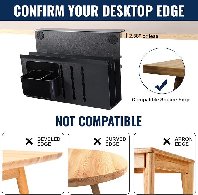 LUKETURE 2 Tier Desk Side Storage, No Drill Laptop Mount with Pen Holder | Fits Flat Edge Desks 0.3 to 2.8 Inches,Secure Grip on Wood, Glass, or Metal Surfaces Without Slipping