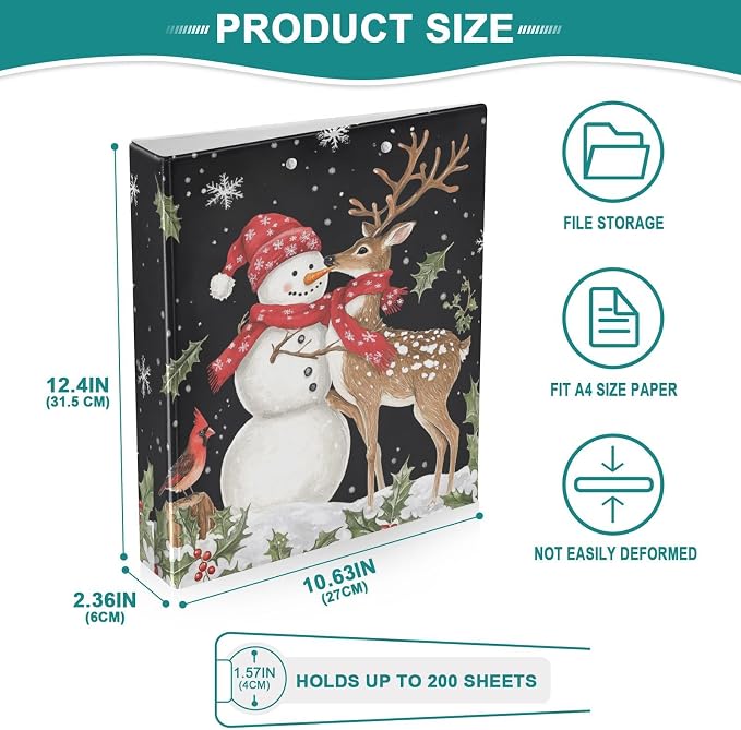 Cute Winter Snowman Deer Red Bird 3 Ring Binder 1.5" Decorative D-Ring Binder with Clipboard&3 Clear Pockets, Holds 200 Sheets A4 Size Paper Waterproof Binders for School Home Office
