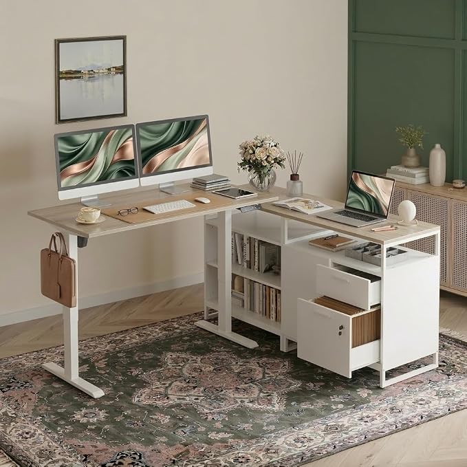 BANTI 66 Inches L Shaped Standing Desk with Drawers & Shelves, Executive Desk Adjustable Height Desk, Desk with Storage, Light Walnut Top/White Frame