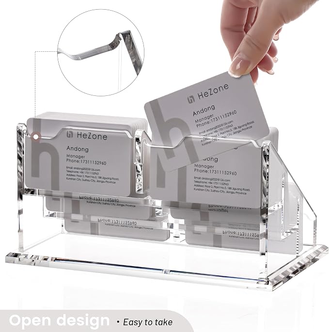 HeZone Business Card Holder for Desk, Acrylic Business Card Organizer , Multiple 6 Slots 3 Tier Business Cards Stand for Women& Men,Office Desk Accessories,Organize 300 Cards-1 Pack(Horizontal,Clear)