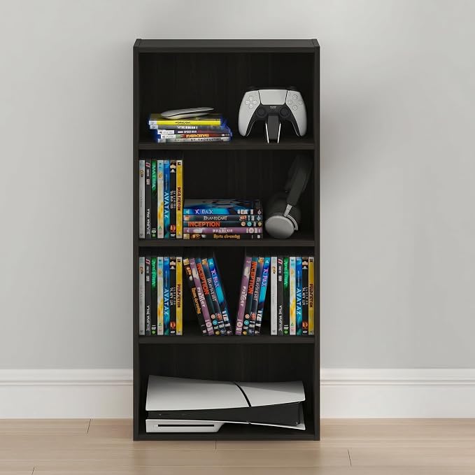 Furinno Basic DVD Shelf, 4-Tier CD Rack, Media Shelf, Espresso | 7 x 17 x 35, Open Shelf for DVD Blueray Game Disc, Storage Cabinets, for Living Room, Bedroom, Home Office
