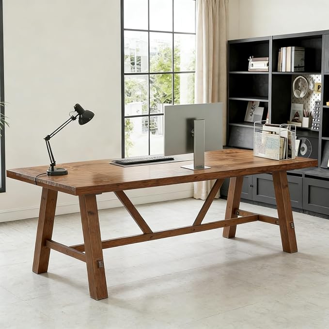 LITTLE TREE 70.87" Long Large Wood Desks, Solid Wood Office Desk, Farmhouse Executive Computer Desk, Home Office Workstaticon, Work Writing Table, Rustic Brown | Farmhouse Executive Computer Desk, Home Office Workstaticon, Work Writing Table, Rustic Brown