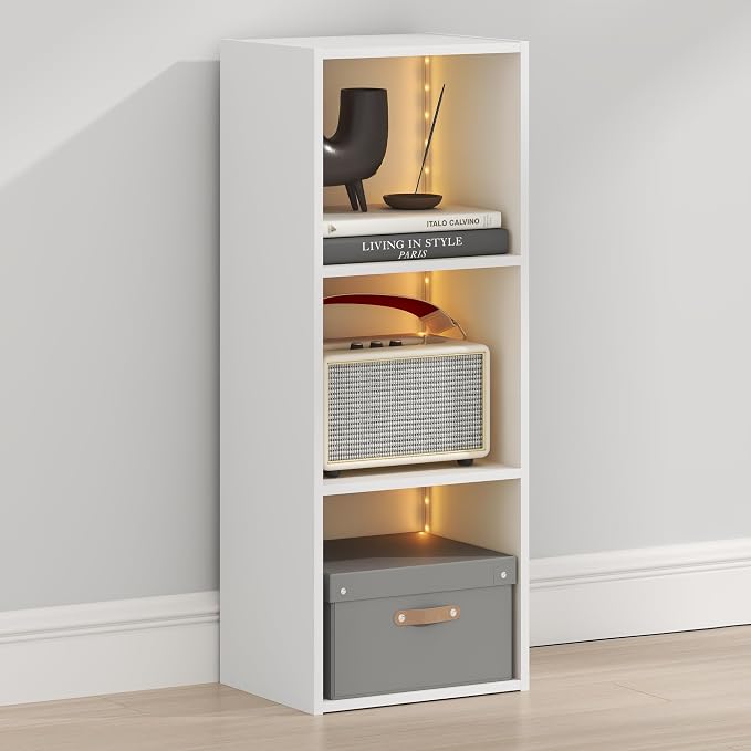 Furinno LUDER Book Shelf with LED Lights, 3-Cube Bookshelf, Bookcase, 9.3 x 12 x 31.5, for Home Office, Living Room, Study Room, White