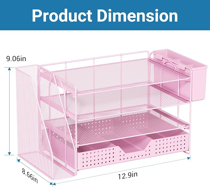 ECOLOVI Desk Organizer, 4-Tier Paper Organizer Letter Tray with File Holder, Drawer and 2 Pen Holders, Desktop File Organizer for Office Supplies, Workspace Storage, Pink