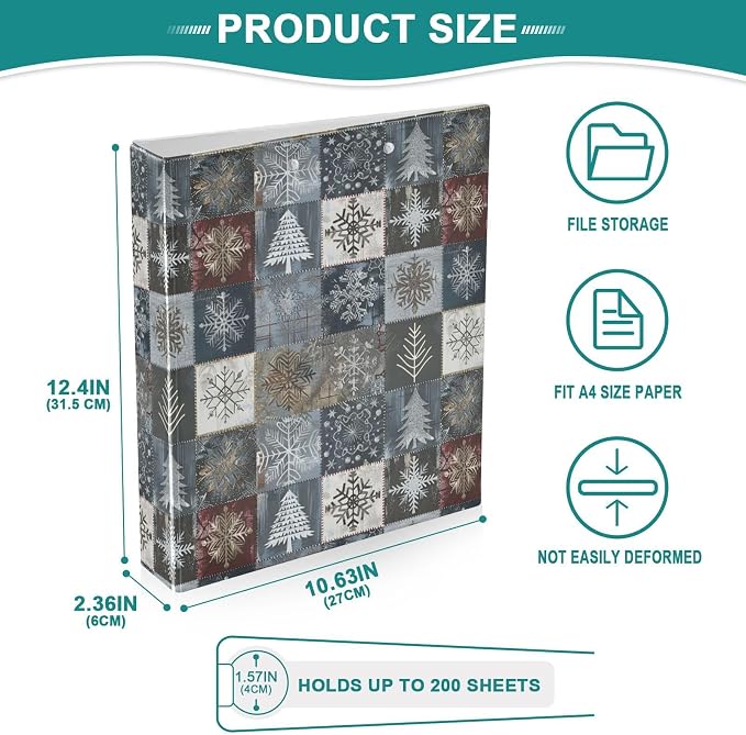Rustic Winter Christmas Tree 3 Ring Binder 1.5" Decorative D-Ring Binder with Clipboard&3 Clear Pockets, Holds 200 Sheets A4 Size Paper Waterproof Binders for School Home Office