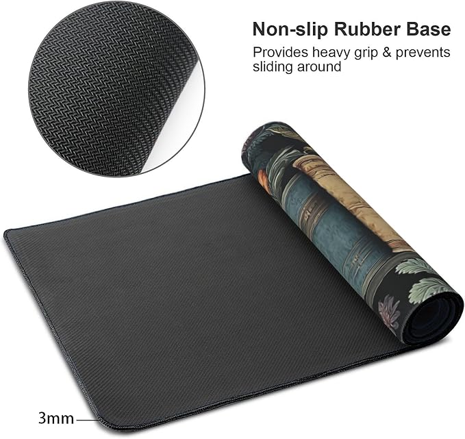 Dark Academia Desk Mat, Floral & Book Pattern XXL Mouse Pad with Anti-Slip Base & Stitched Edges, Large Desk Pad for Computer Keyboard, Office & Home Decor for Women