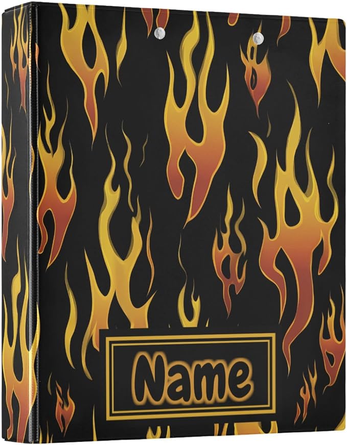 Custom 3 Ring Binder Yellow Orange Fire Flames 1.5" Round Ring Binders Personalized Name View Binder with 200 Sheet for Kids School Supplies Women Men Office, 1 Pack