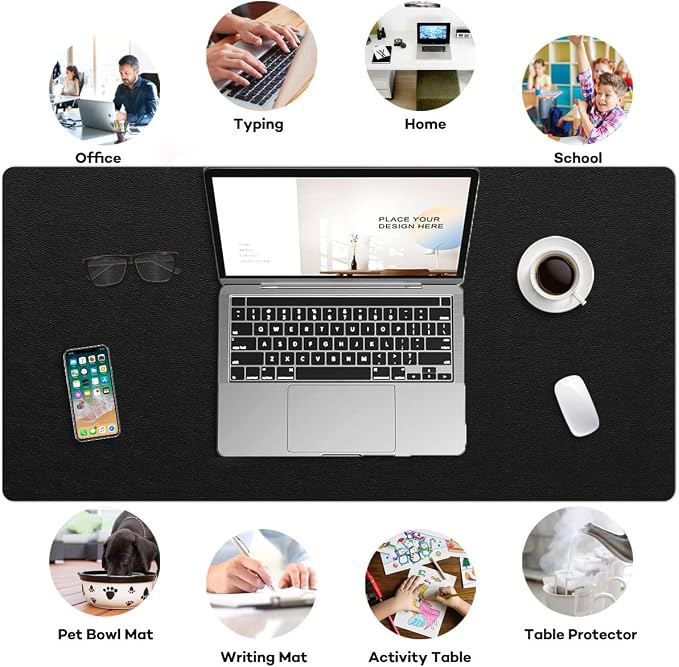 Desk Protector - Non-Slip PVC Leather Office Mat for Desktop - Waterproof Writing Pad (Black, 14" x 30")