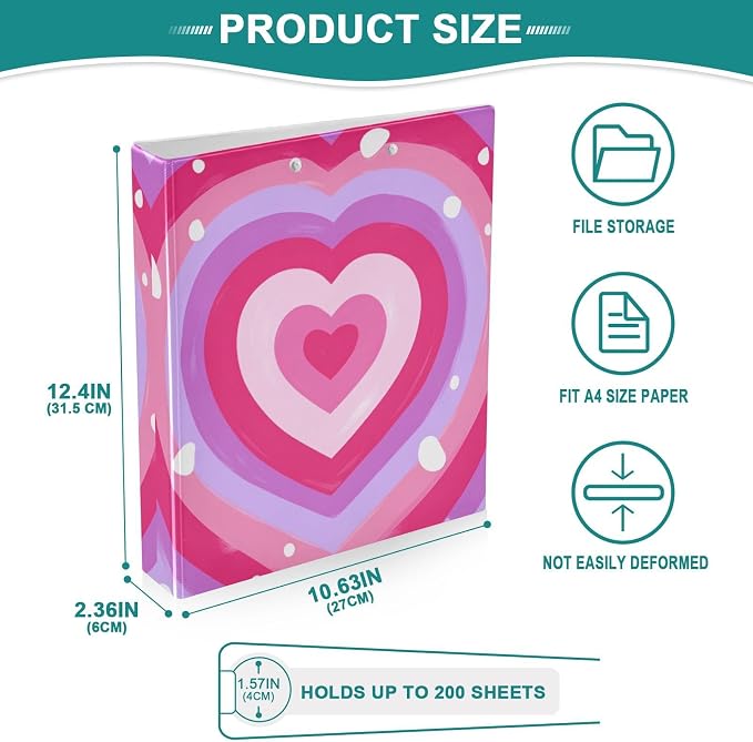 Aslsiy Kids 3 Ring Binder 1.5 Inch Pink Purple Hearts (1) Girls Round Clipboard Binder Decorative Harcover Binders Organizer for Office School Supply
