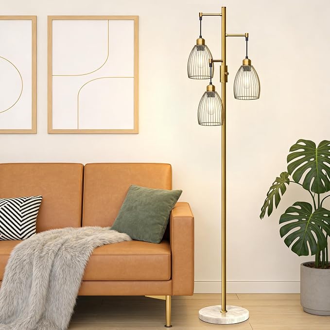 Torondo Dimmable Floor Lamps for Living Room, Industrial Standing Lamp with Marble Base, Antique Brass Tree Tall Pole Light with 3 Elegant Teardrop Cage Head & 800 Lumens LED Bulbs for Bedroom Office