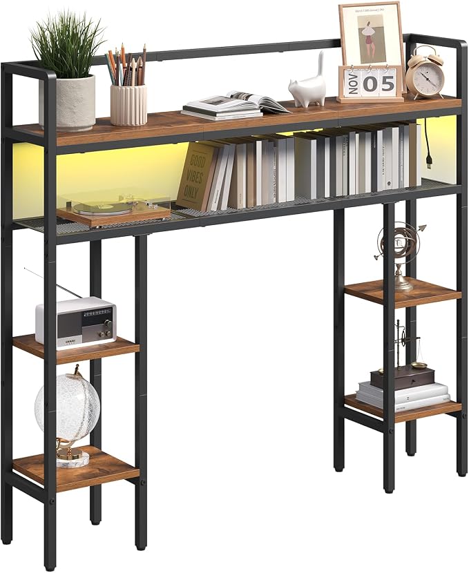 MAHANCRIS Desk Shelf, 43.3" Desk Hutch with Light Strip | Office Desktop Organizer, 5 Tier Desktop Bookshelf for Computer Monitor, Storage Rack for Study, Home Office, Rustic Brown