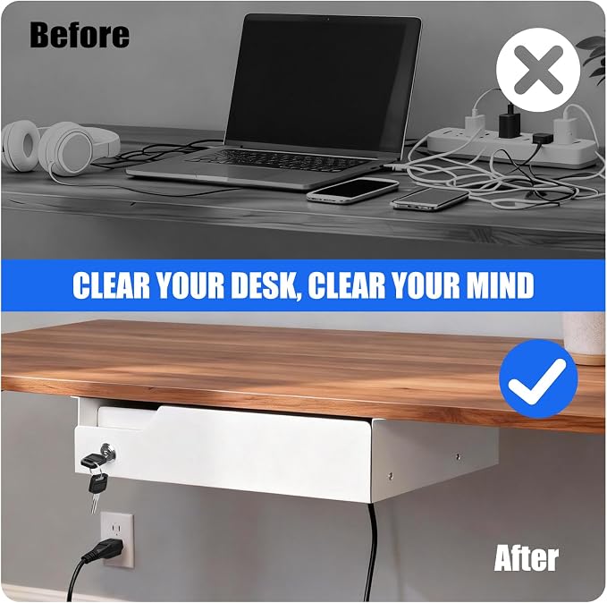 Under Desk Drawer Storage with Lock, Metal Undermount Table Drawer, Ball Bearing Slides Out Tray Organizer for Paper, Pencil, and Laptop,16"x11.8"x3.6", White With Power Strip