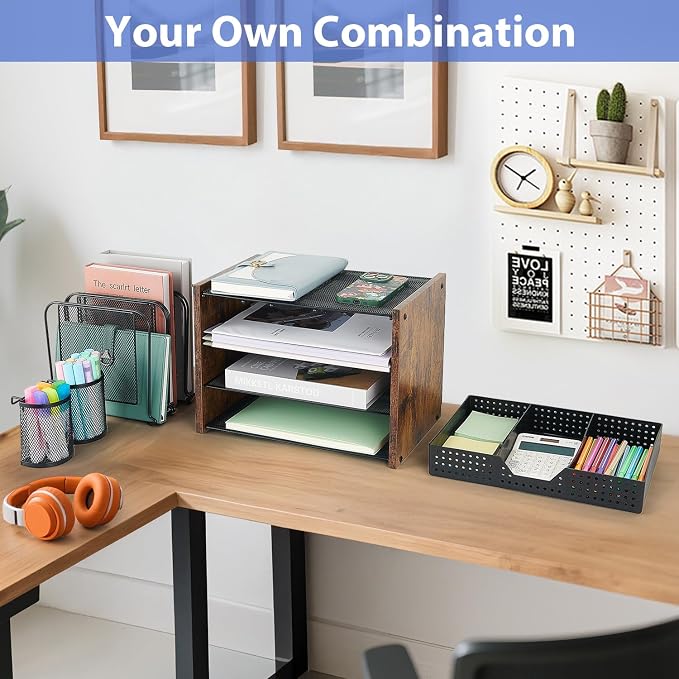 AUPSEN Desk Organizer with 5 Vertical File Holders, Storage Drawer & 2 Pen Holders, 5 Trays Paper Letter Tray Organizer, Mesh Desk Organizers and Accessories for Home Office (Vintage wood)