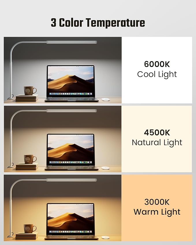 SUPERDANNY Eye-Caring LED Desk Lamp Work Lamp Office Lamp with Side Clamp | White, Touch Control, 360° Flexible Gooseneck, 3 Modes Smooth Dimming, Memory Function, Adapter, Metal, for Home Office Dorm