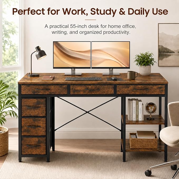 Simple Deluxe Computer Desk with 6 Drawers, 55 Inch Office Workstation with Storage Shelves, Reversible Corner Gaming Table, Home Office Study Desk with Fabric Organizer, Rustic Brown