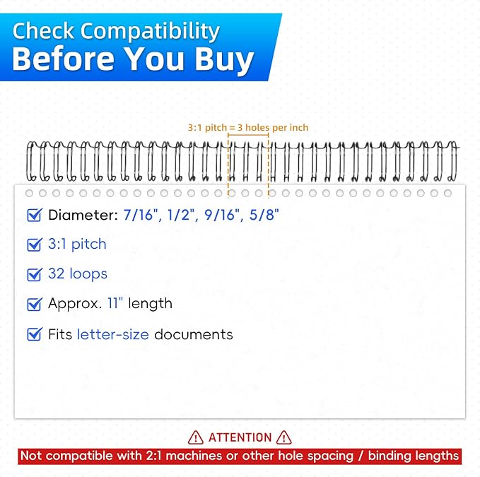 Rayson Wire Binding Spines, 3:1 32-Loop Black, Mixed Sizes, 96 Pack | Includes 24 pcs each: 7/16", 1/2", 9/16" and 5/8"; ideal for Letter-size reports, manuals and presentations.