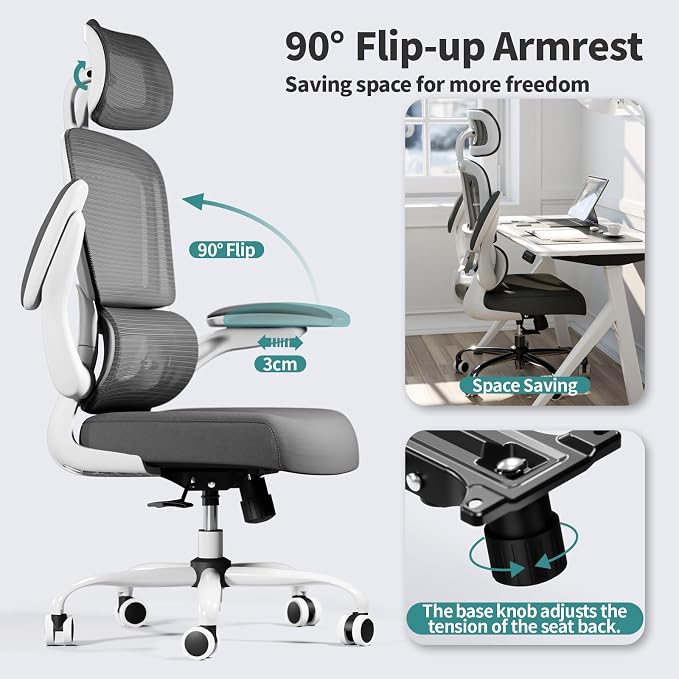 TRALT Office Chair Ergonomic Desk Chair - Gaming Chair with Lumbar Support (4, White) | 330 LBS Home Office Desk Chairs with Headrest, Reading Chair with Flip-up Armrests, Comfortable Computer Chairs (4, White)