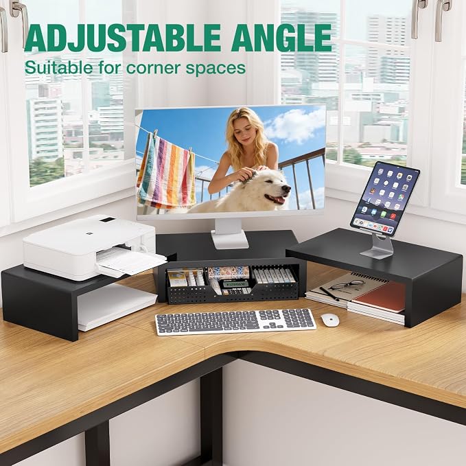Dual Computer Monitor Stand Riser, Desk Organizer with Drawer, Office Desk Accessories & Workspace Organizers for Home Office Supplies, Black