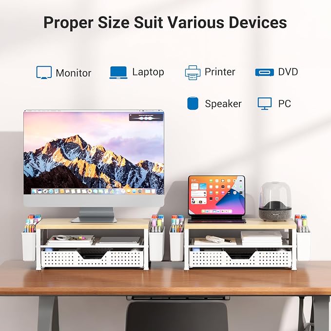 Wood Metal Monitor Stand Riser, Laptop Stand for Desk, Office Desk Organizer and Accessories, Computer Desktop Shelf with Drawer and Pen Holder, Printer Stand for Home, Office, Dorm (Natural Wood)