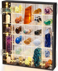 Cinnvoice Rock Display Case 30 Grids, Black Border, Square with LED | Adjustable Acrylic Display Case, Crystal Organizer for Collectible, with Built-in Mirrored, Magnetic Door, Wall Mount