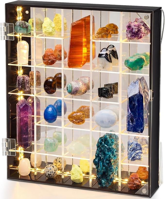 Cinnvoice Rock Display Case 30 Grids, Black Border, Square with LED | Adjustable Acrylic Display Case, Crystal Organizer for Collectible, with Built-in Mirrored, Magnetic Door, Wall Mount