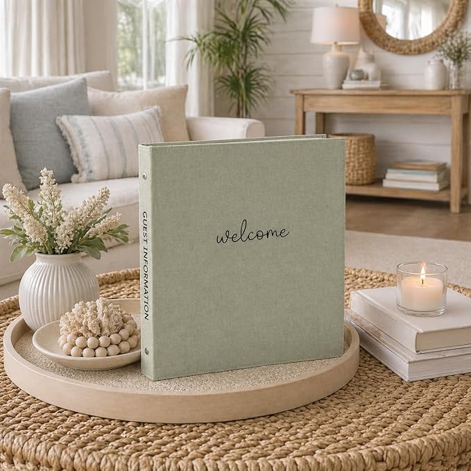 Paper 'n Such Welcome Binder for Short Term Rentals –Green Linen Fabric 3 Ring Folder for Airbnb, Vacation Home, House Manual & Guest Information - Letter Size