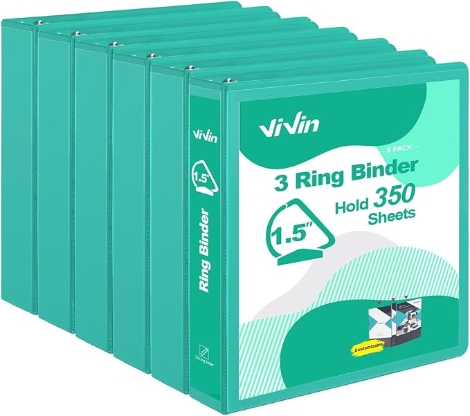 ViVin Sturdy 1.5 Inch 3 Ring Binder with 2 Pockets, 6 Pack, Lake Green | Slant-D Ring Binder, PVC-Free, Customizable Clear View Cover, Holds 350 Sheets of 8.5" x 11" Paper, 2 Interior Pockets