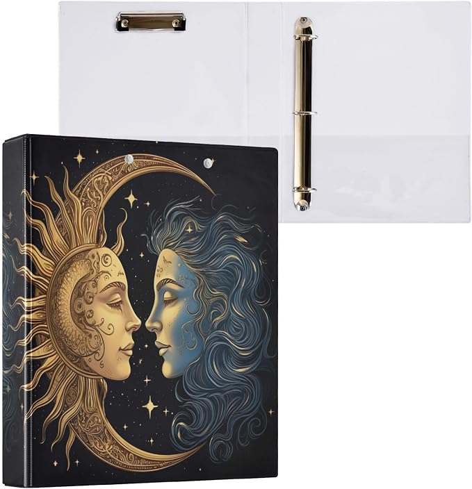 Sun and Moon 3 Ring Binders, Round Rings, Holds 200 Sheets, 1.5 Inch 3 Ring Binders with 3 Interior PVC Clear Pockets and Anti-Slip Metal Clip