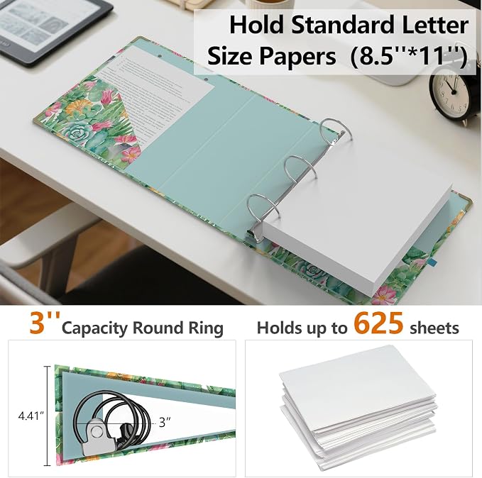 3 Ring Binder 3 Inch, Cute Decorative Hardcover Low Profile Clipboard with Storage, 3'' Round Ring Binders for Letter Size Paper, Durable Binder Organizer for School Office Supplies(Cactus Flowers)