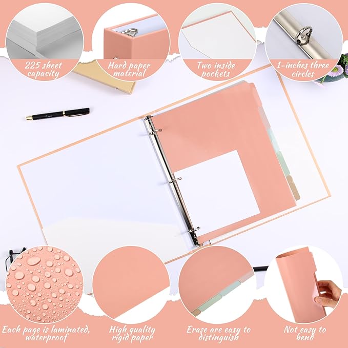 Ctosree 5 Sets 1 Inch Heavy Duty 3 Ring Binder with 2 Pockets with 5 Tab Dividers 8.5 x 11 Inch Plastic Film and File Folder Labels for Letter Size Paper Office Home Supplies(Pastel Color)