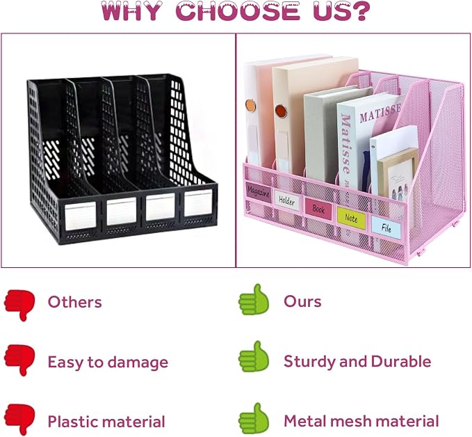 Desk Organizers, Metal Magazine File Holder with 5 Vertical Compartments Rack Binder File Organizer for Office Supplies, Home Workspace - Pink