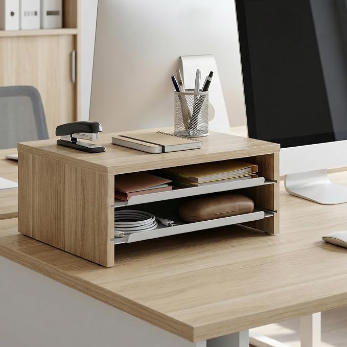 Fenge 14.3-Inch Monitor Stand with Slide-Out Trays, Wood & Metal Desk Shelf | 3-Tier Space-Saving Desk Storage Organizer, Fits Computer, Laptop, Printer and Telephone