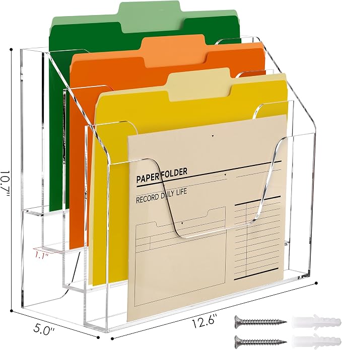 DINGHUO Acrylic Desk File Mail Organizer Wall Mounted, 4-Tier Hanging File Folder Holder, Clear Office Magazine Rack (Adhesive Hooks x 2)