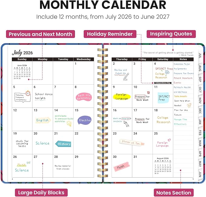 Planner 2026-2027, Academic Year Monthly & Weekly Planner Caledndar, July 2026 - June 2027, Hardcover Large Planning Agenda Book with Tabs for School Office Supplies, 8.5" x 11" - Sweet Cherries